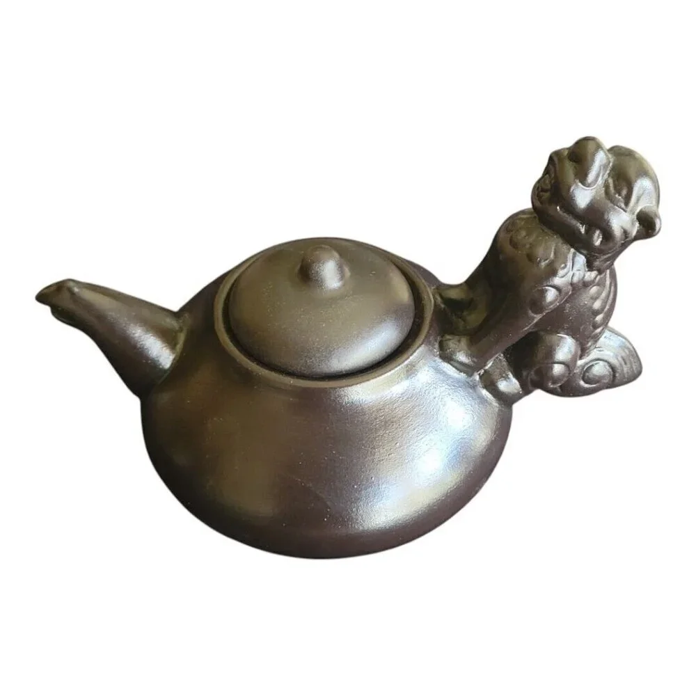 Lot of 2 Asian DOG Teapot 2 cup and Water Pitcher 3 cup MUTED BLACK Porcelain